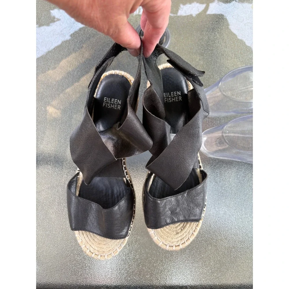 Eileen Fisher Womens Black Leather Espadrille Wedge Sandals 8.5 EF-WILLOW-LEA